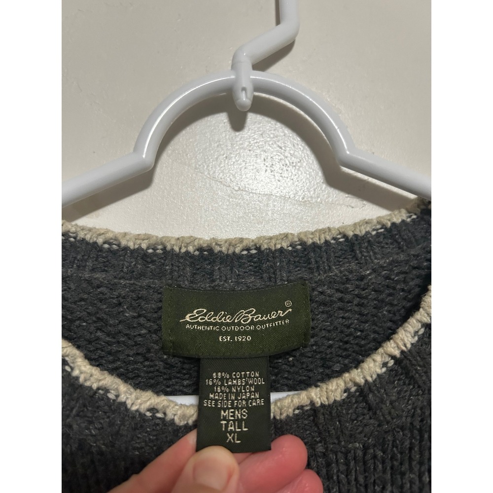 Eddie Bauer Mens XL Tall Gray Fair Isle Cotton Lambswool Knit Sweater Japan - Picture 4 of 8